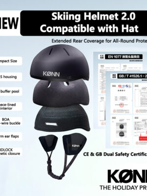 KONN Ski Helmet Inner Liner for Men and Women - Professional Impact-Resistant, Breathable, Warm, Ear-Protective Hard Shell Helmet for Snowboarding and Skiing