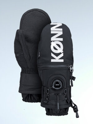 KONN 2026 Black Ski Gloves White Logo Ergonomic Design with Triple Protective Pads Steel Buckle Closure Kevlar-Reinforced Wear-Resistant Back Fully Openable