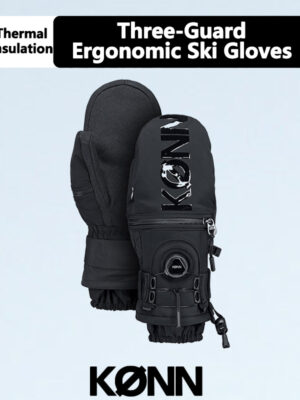 KONN Black Ski Gloves Black Logo Ergonomic Design Triple Protective Pads Steel Buckle Kevlar Wear-Resistant Back Adjustable Opening