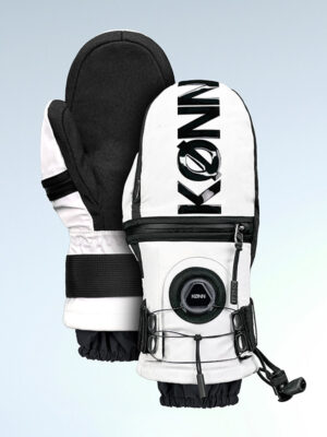 KONN White Ski Gloves with Black Logo Ergonomic Design with Triple Protective Pads Steel Wire Buckle Kevlar-Reinforced Wear-Resistant Back Adjustable Opening